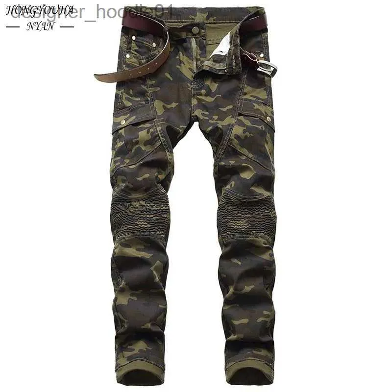 Jeans pour hommes 2022 Mode Militaire Hommes Camouflage Jeans Slim Tendance Hip Hop Droite Armée Vert Poche Cargo Denim Jeunes Marque Pantalon L231129