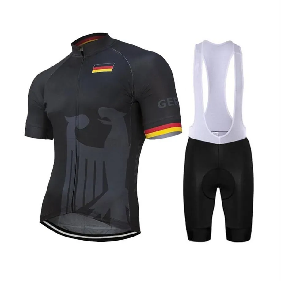 Almanya Erkekler Yaz Siyah Bisiklet Jersey Set Bisiklet Yolu Dağ Yarışı Üstleri Bisiklet Aşınma Seti 9D Jel Nefes Alma264n