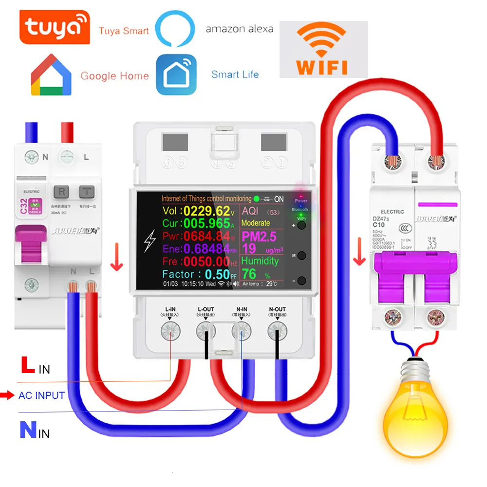 에너지 미터 AT4PW TUYA WIFI/BT DIN 레일 스마트 스위치 원격 제어 AC 220V 110V BT 디지털 전력 볼트 AMP KWH 주파수 요인 미터 230428