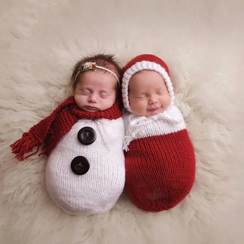 Keepsakes Twin Baby Pography Clothing Knit Sleeping Bag Props Christmas Themed Snowman Design born Pography Outfit Accessories 231129