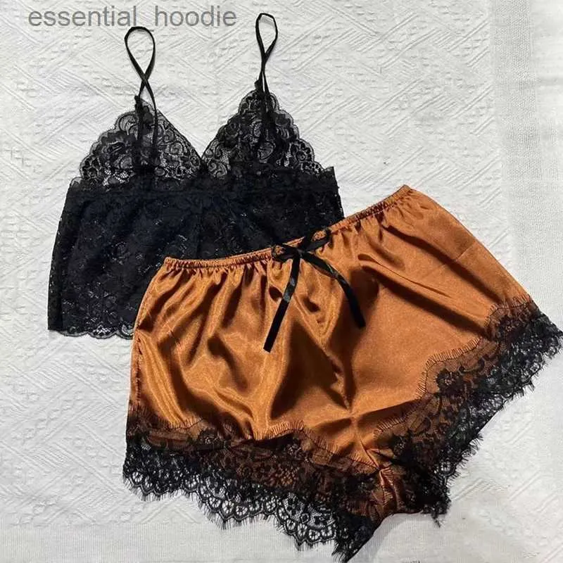 Conjunto de pijamas de renda feminino para dormir, conjunto de roupa de dormir sexy transparente sem mangas, shorts de seda, pijamas S-3XL Fe Lingerie para dormir L231129