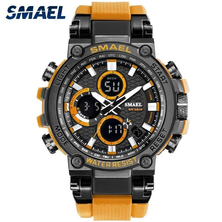 손목 시계 Smael 1802d Sport Watch Dual Display Men Watches Waterproof 5bar Military Shok 저항성 시계 Montre Homme2373