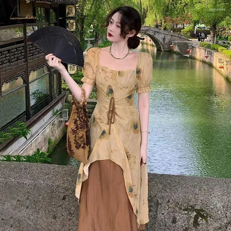 Robes de soirée Vintage élégant chinois Hanfu Style imprimé robe mi-longue été femmes Floral à manches courtes décontracté une pièce en mousseline de soie longue