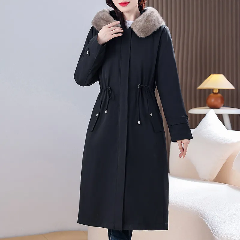 Veste en fourrure de vison pour femmes, manteau Long, parka avec capuche, fermeture éclair, vêtements d'extérieur coupe-vent, hauts d'extérieur pour dames