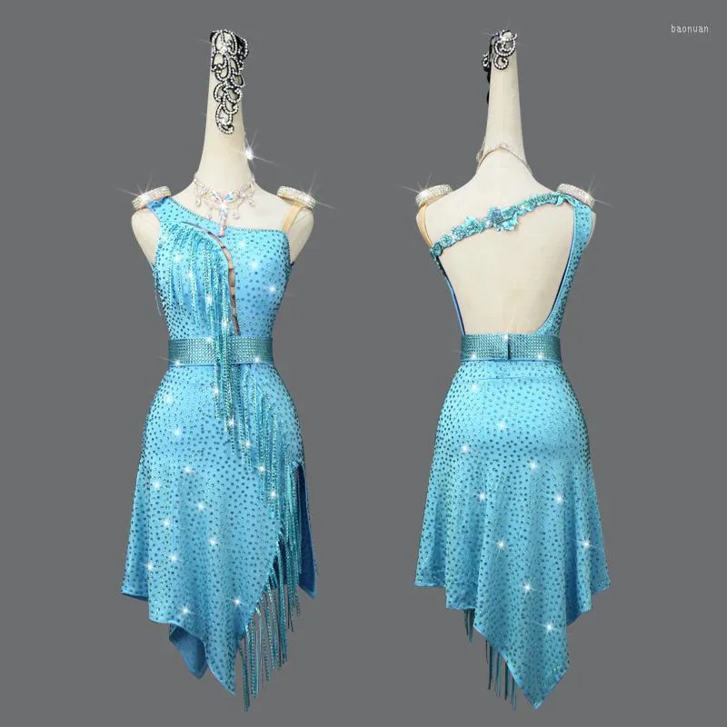 Vêtements de scène robe latine Costume de danse Rumba Jive Chacha rose ciel bleu frange sans manches sur mesure plein diamant