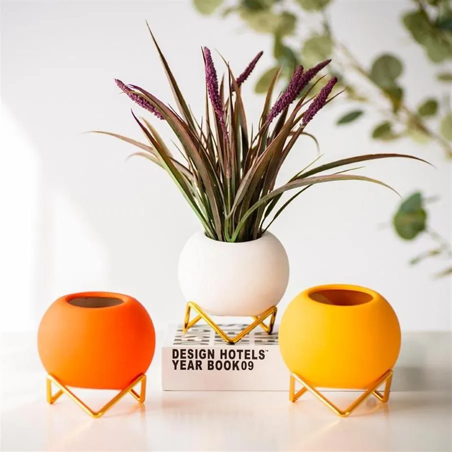 Plantadores potes pequena flor de cerâmica e com suporte de metal ouro 4 Polegada coloful cactus suculentas vaso plantador interior presente249l