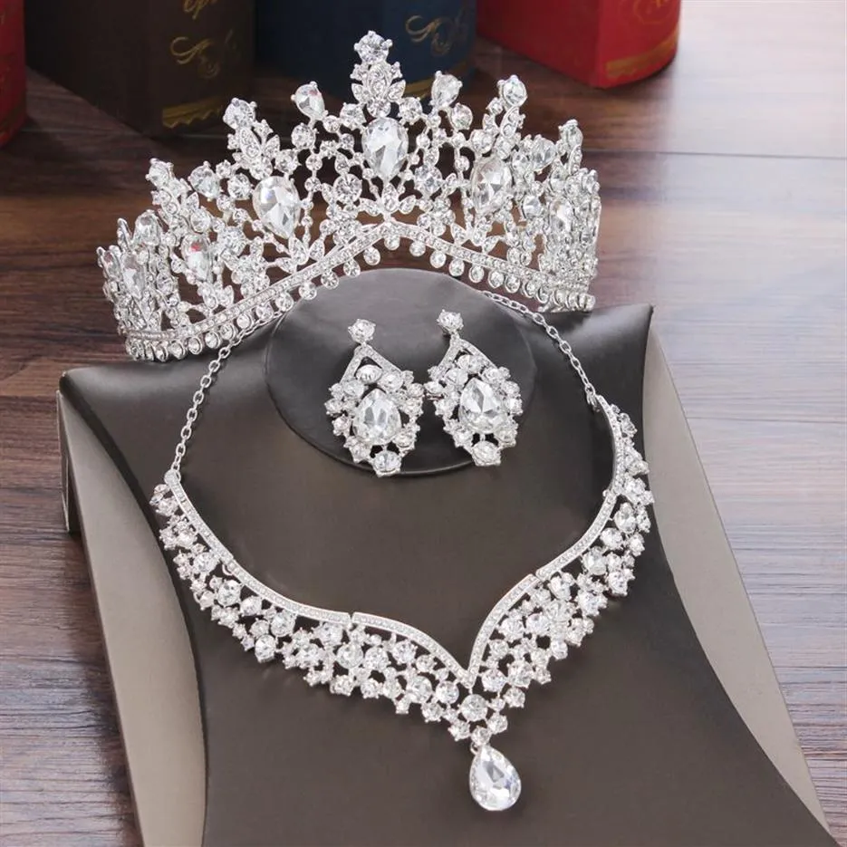 Barock Kristall Wasser Tropfen Braut Schmuck Sets Strass Tiaras Krone Halskette Ohrringe für Braut Hochzeit Dubai Schmuck Set257S