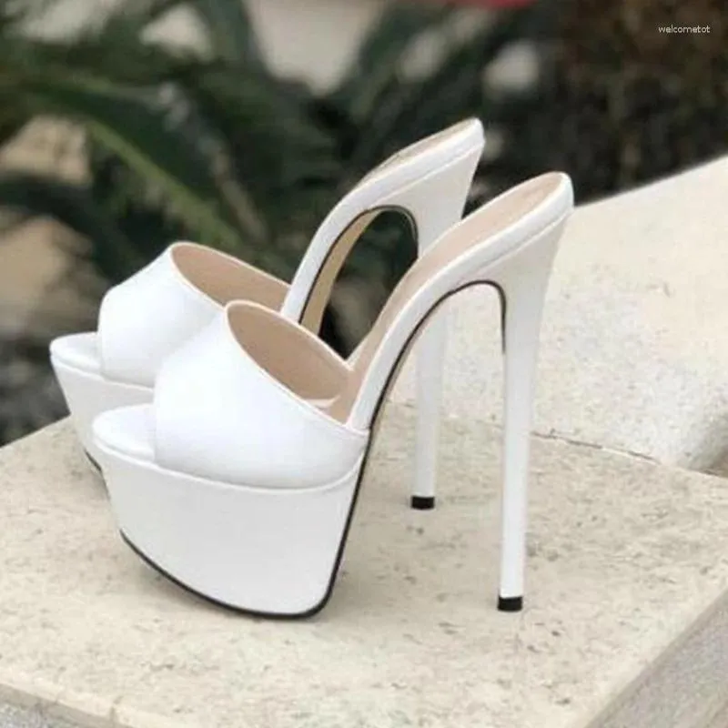 Sandaler Fashion Open Toe Slip på Platform White Matte Leather Stiletto High Heels Women Mule Shoes Plus Size 45