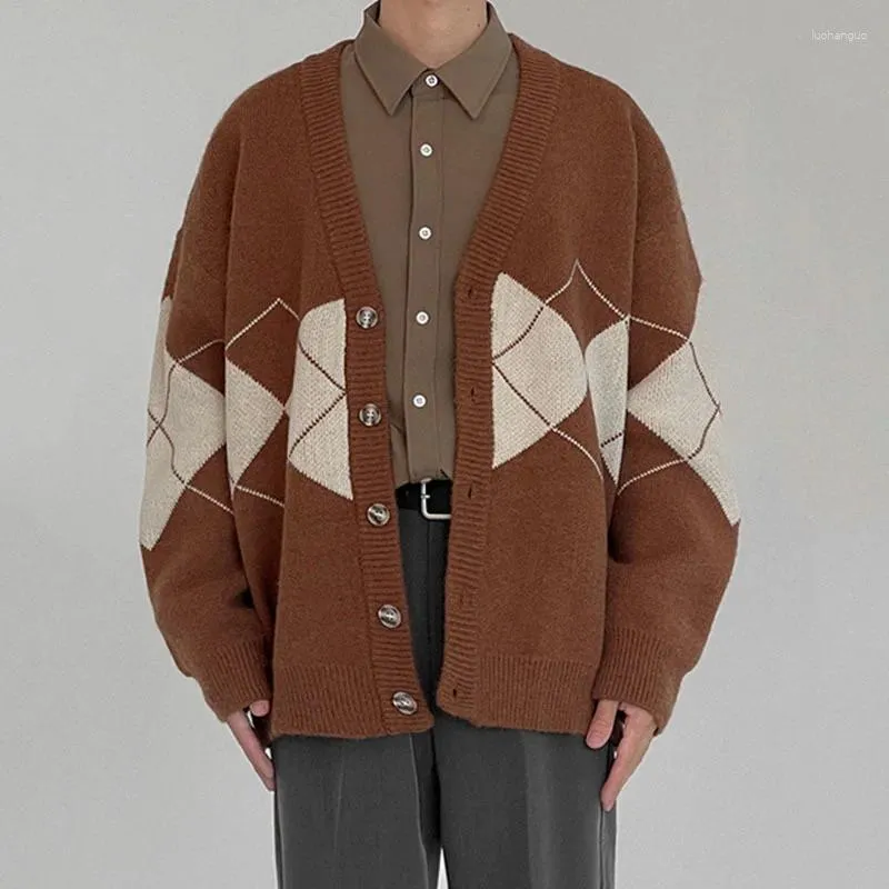 Men's Sweaters Diamond Menswear Color Block Spliced Sweater Cardigan 2023 Loose V-neck Single Breasted Sweatercpat Autumn Winter Chic