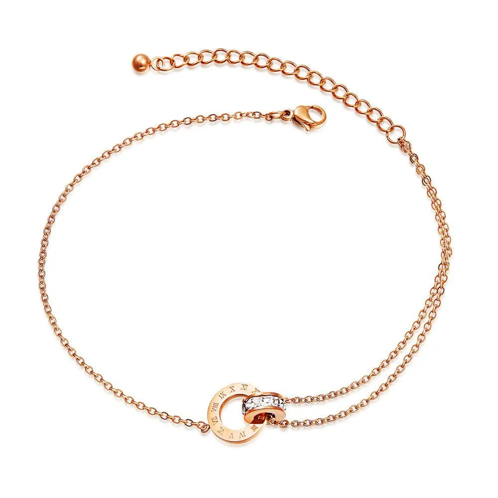 Anklets Fashion Double Rings Zircon Women Designer Rose Gold Roman Number Foot Chain Titanium Steel Jewelry Gifts For Female Drop Del Dhbzj