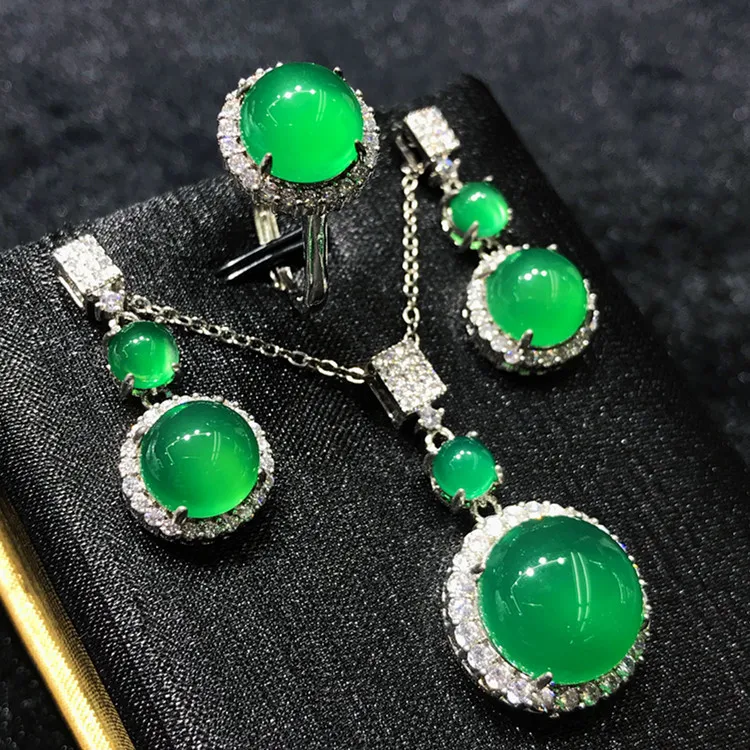 Handgefertigtes Jade-Diamant-Schmuckset aus 925er Sterlingsilber, Verlobung, Hochzeit, Ringe, Ohrringe, Halskette für Frauen, Brautparty-Schmuck