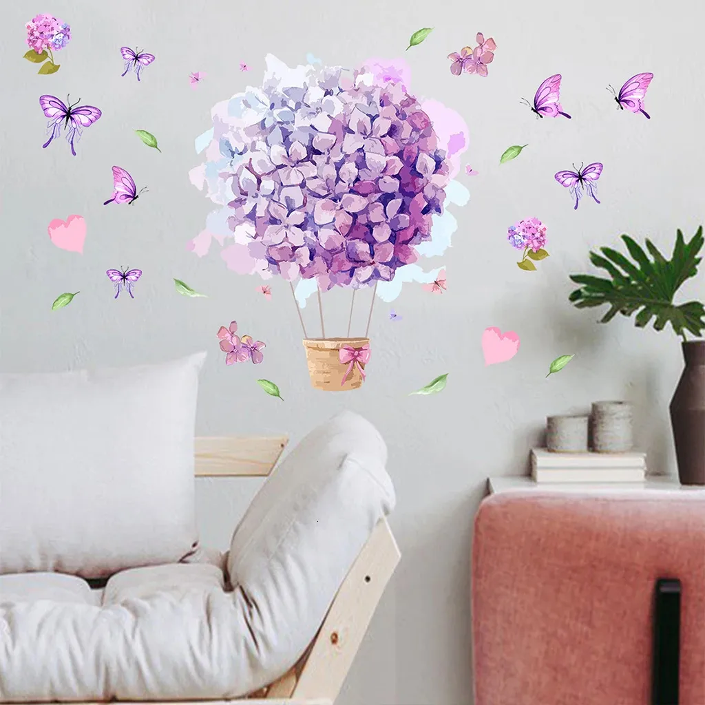 Wall Stickers 1pcs Purple Hydrangea Macrophylla Parachute Butterfly Pvc Static Living Room Bedroom Decoration Sticker 231128