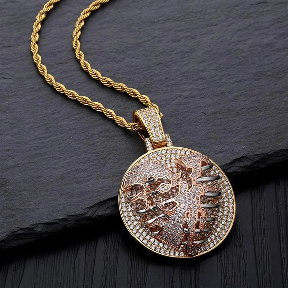 Mens 18K Gold Iced Out CZ Cublic Zirconia Personalized Tore Heart Crack Lung Round Pendant Necklace Chain Hip Hop Jewelry Wh235U