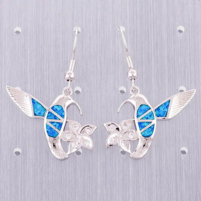Dangle Küpeler Kongmoon Sinekbird Plumeria Ocean Blue Fire Opal Gümüş Kaplama Takı Kadınlar için Damla