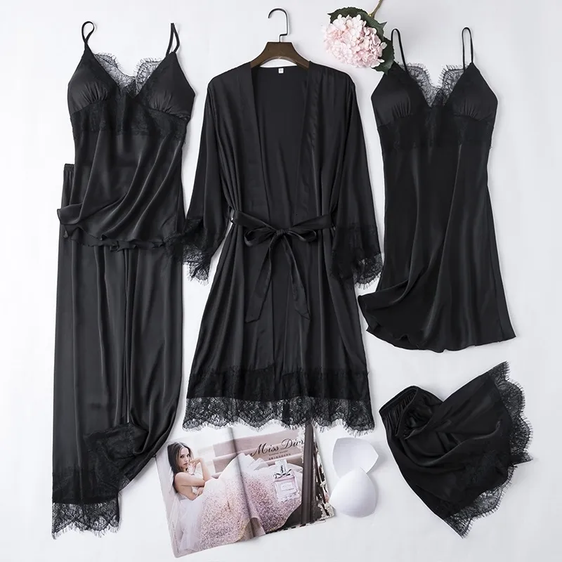 Fashion 5pcs V-Neck Nightwear Pajamas Sets Bride Wedding Nightwear Sexy  Womens Lace Sleepwear Sleep Suit Spring Casual Satin Pijamas