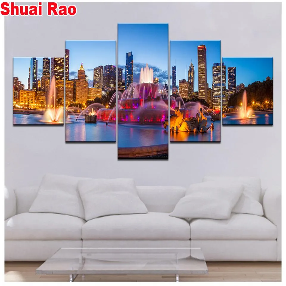 Stitch 5 Pieces Chicago City nightscape 5d diy diamond Painting 3d pictures scenery full square/round diamond embroidery home decor