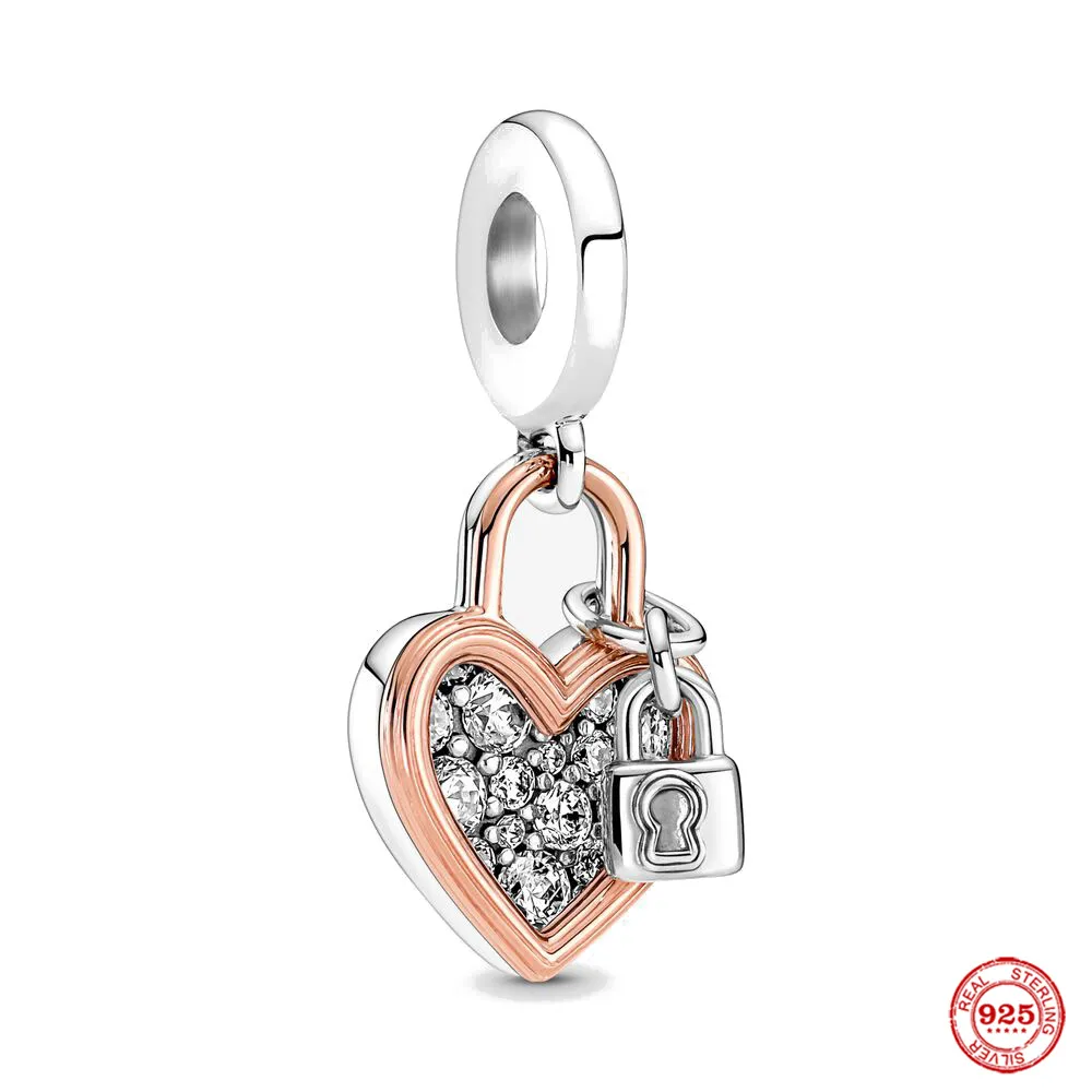 925 Sterling Silver Dangle Charm Women Beads High Quality Jewelry Gift Wholesale Openwork Chain Link Padlock Charm Rose Heart Dangle Love Clip Bead Fit Pandora DIY