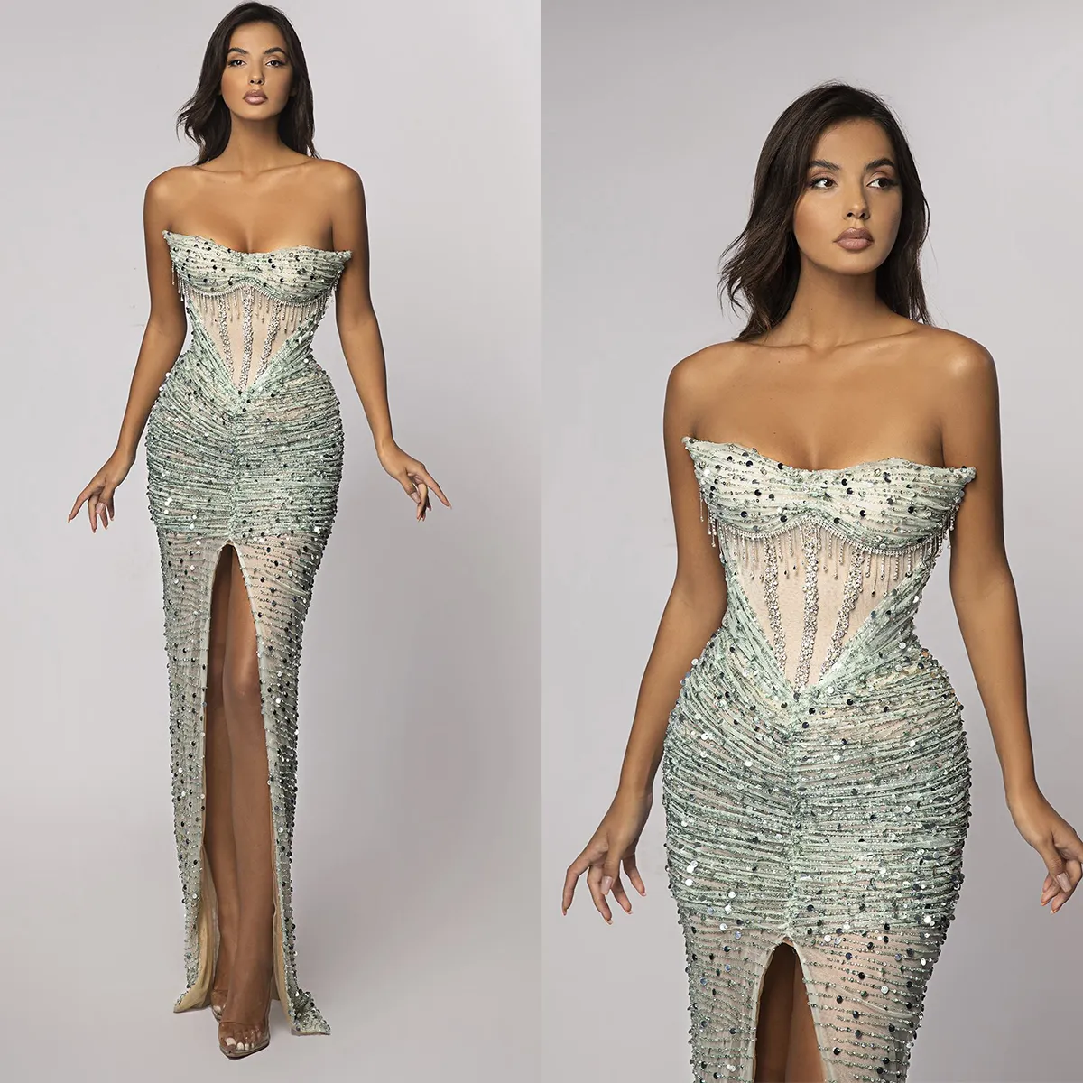 Superbes robes de bal de sirène rayure paillettes perles glands plis avant longueur de plancher fendu robe de cour sur mesure robe de soirée grande taille robe De Noite