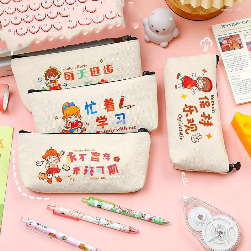 Piece Lytwtws Creative Cartoon Cute Inspirational Text Portable Pen Pencil Pouch Bag School Office Supplies Stationery Case