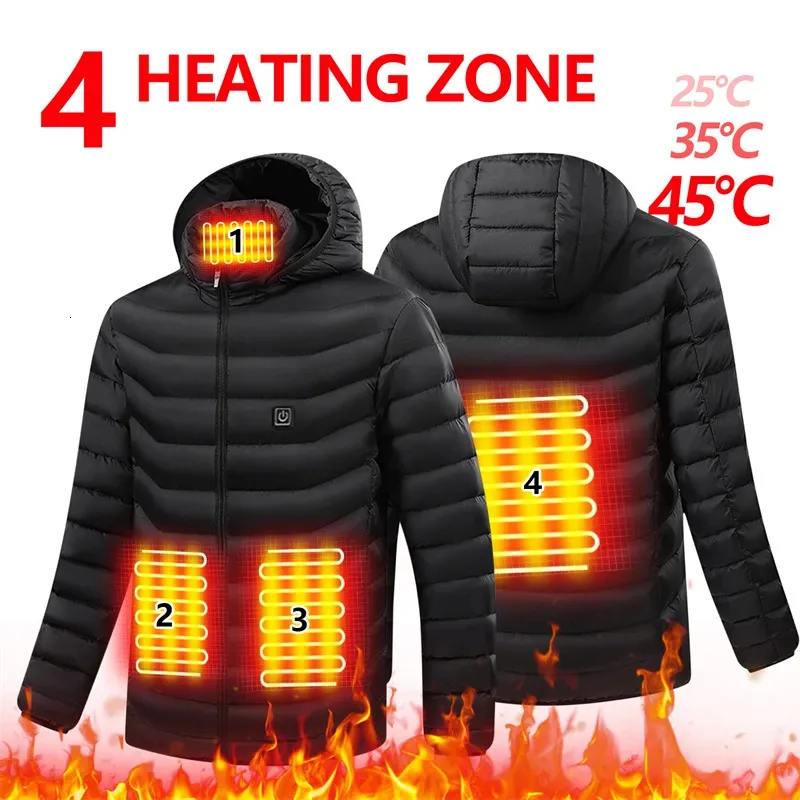 Мужские куртки Мужская 4-зонная куртка с подогревом Зимняя одежда с электрическим подогревом Зарядка от USB Водонепроницаемая ветровка Тепловое пальто для катания на лыжах на открытом воздухе S-2xl 231128