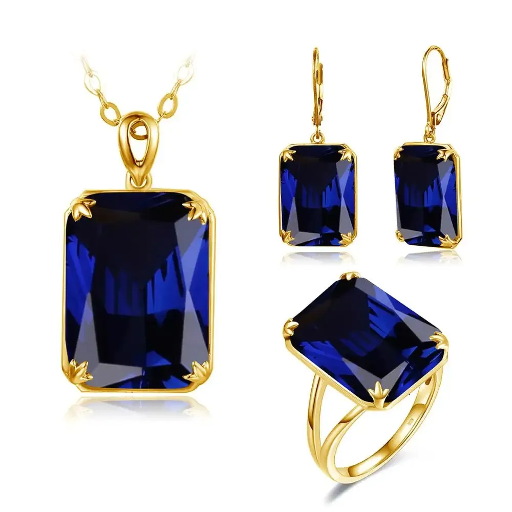 Ensembles de bijoux de mariage Szjinao 14K ensemble d'or pour les femmes étincelant bleu saphir pendentif boucles d'oreilles bague réel 925 en argent sterling bijoux fins 231128