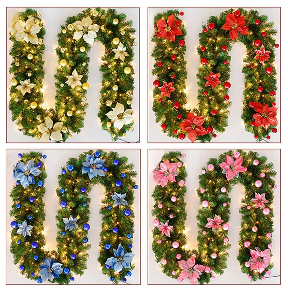 Decorações de Natal 2/7m LED Simulado Rattan Garland Decorativo Verde Xmas Artificial Tree Banner Decor Glow Wreath 231128