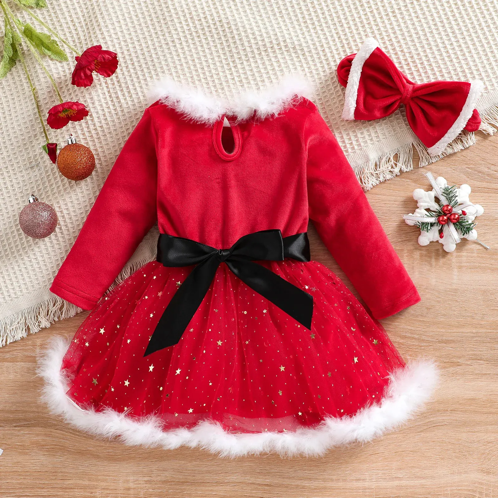 Flickor klänningar Little Girls Casual Long Sleeve Dress Christmas Velvet Mesh Yarn Stitching A Line with Headband 231128