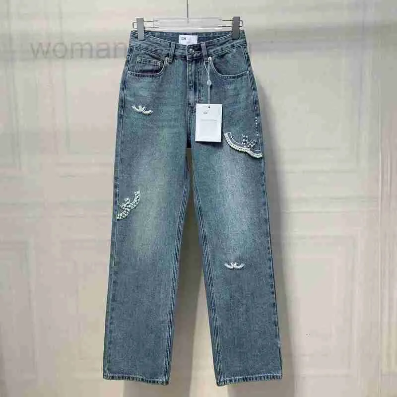 Jeans Femme Designer Femmes Début Automne Nouveau Petit Jeans Parfumé avec Conception De Perles pour Femmes, Tube Droit, Coupe Ample, Taille Haute RKGS