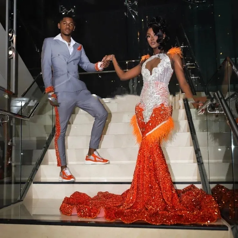 Orange Prom Dresses For Black Girls Feathers Rhinestone Sequin Mermaid Party Gowns Afrcian Women Crystal Evening Dress