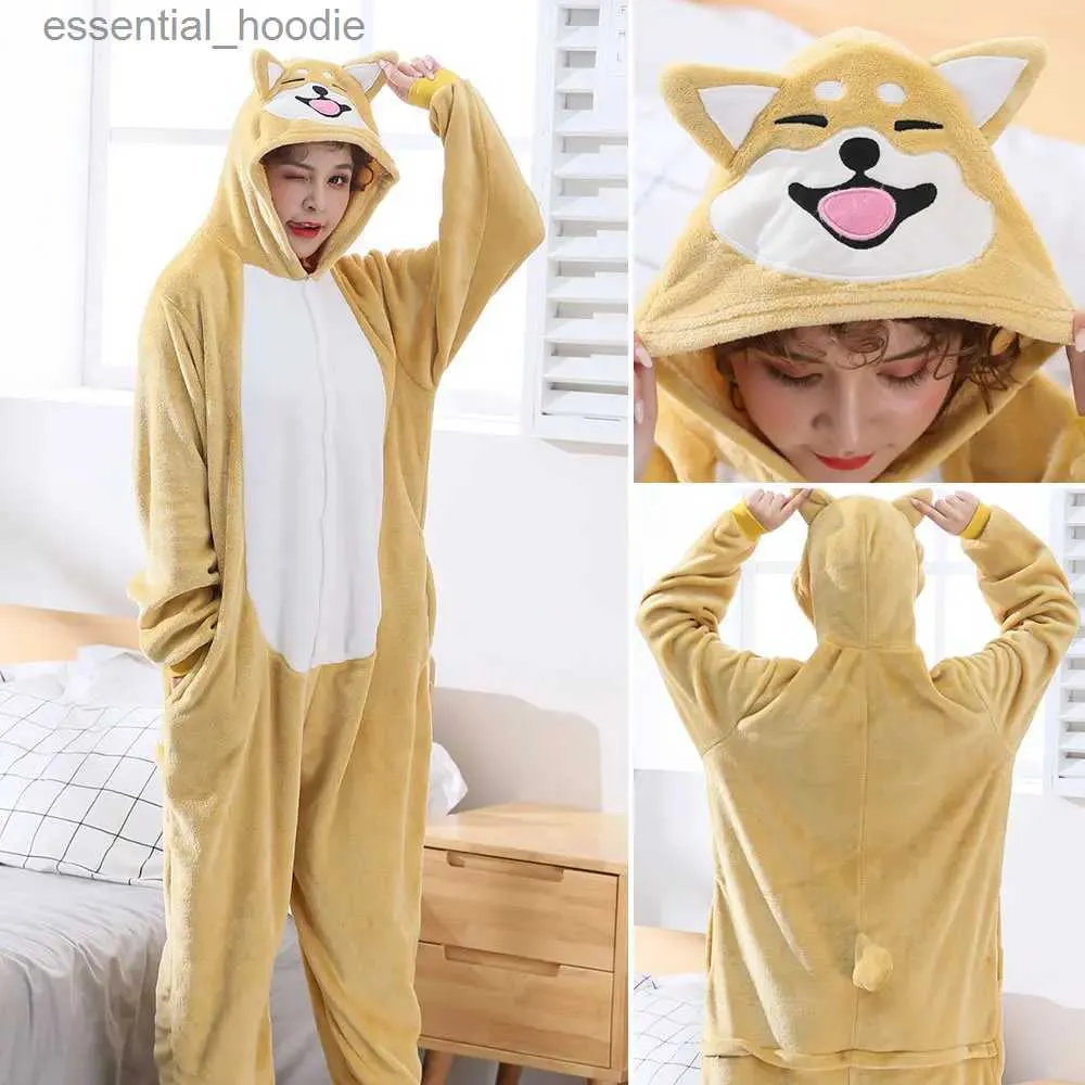 Salon de sommeil pour femmes Akita chien Kigurumis femmes fille Onesie mignon Animal pyjama Shiba inu ensemble hiver chaud doux flanelle costume maison porter unisexe L231129