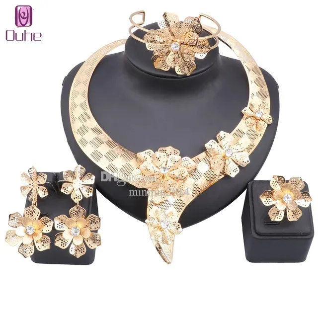 Set di gioielli da donna in cristallo Dubai color oro, collana di cristallo, orecchini, anelli rigidi, accessori per matrimoni