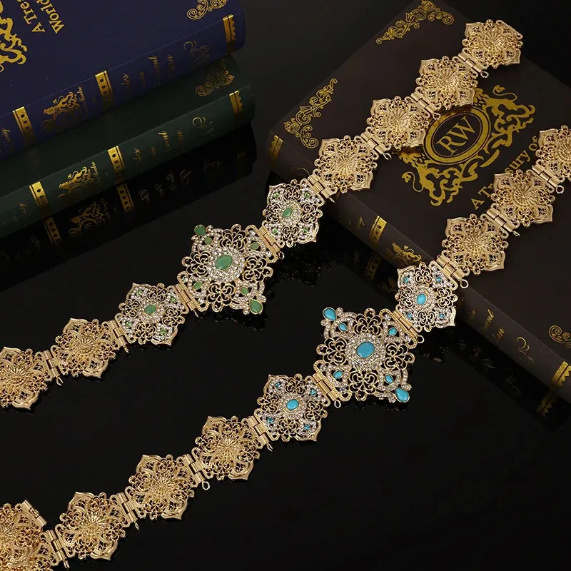 Inne modne akcesoria klasyczne damskie biżuterię do ciała marokański metalowy łańcuch talii wydrążony pasek kaftanu z regulowaną długością 231128
