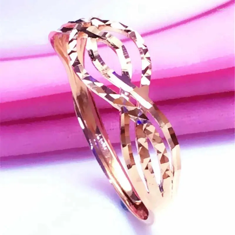 Cluster Rings 585 Purple Gold 14K Rose Wavy For Women Openwork Design Japanese And Korean Style Charm Party Ladies Jewelry