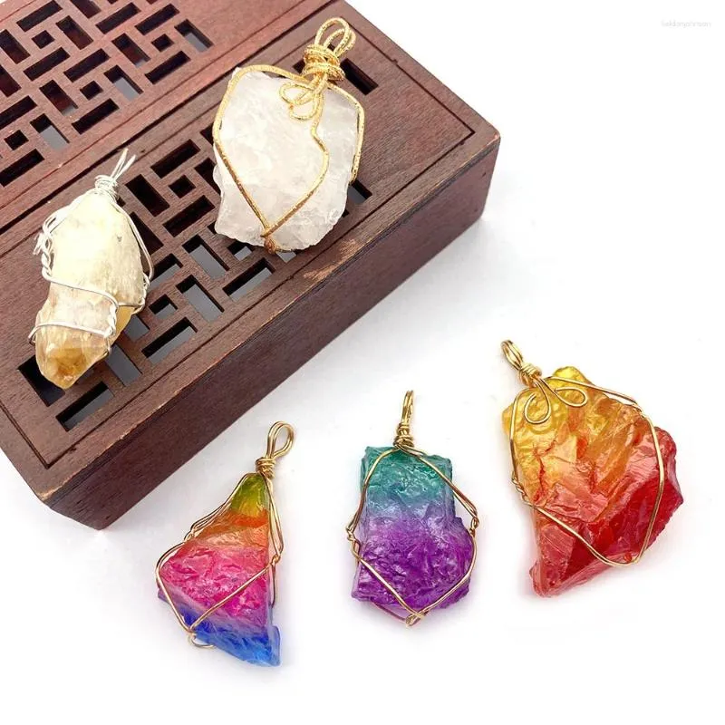 Pendentif Colliers Pierre Naturelle Cristal Forme Irrégulière Enroulé À La Main Coloré Dégradé Collier DIY Mode Accessoires Exquis