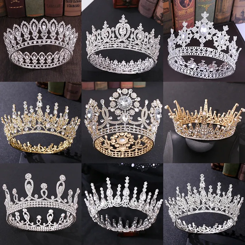 Bruiloft Haarsieraden Luxe Koningin Prinses Ronde Kroon Kristal Parel Grote Diadeem Bruiloft Haaraccessoires Zilver Kleur Goud Tiara Dames Bruidssieraden 231128