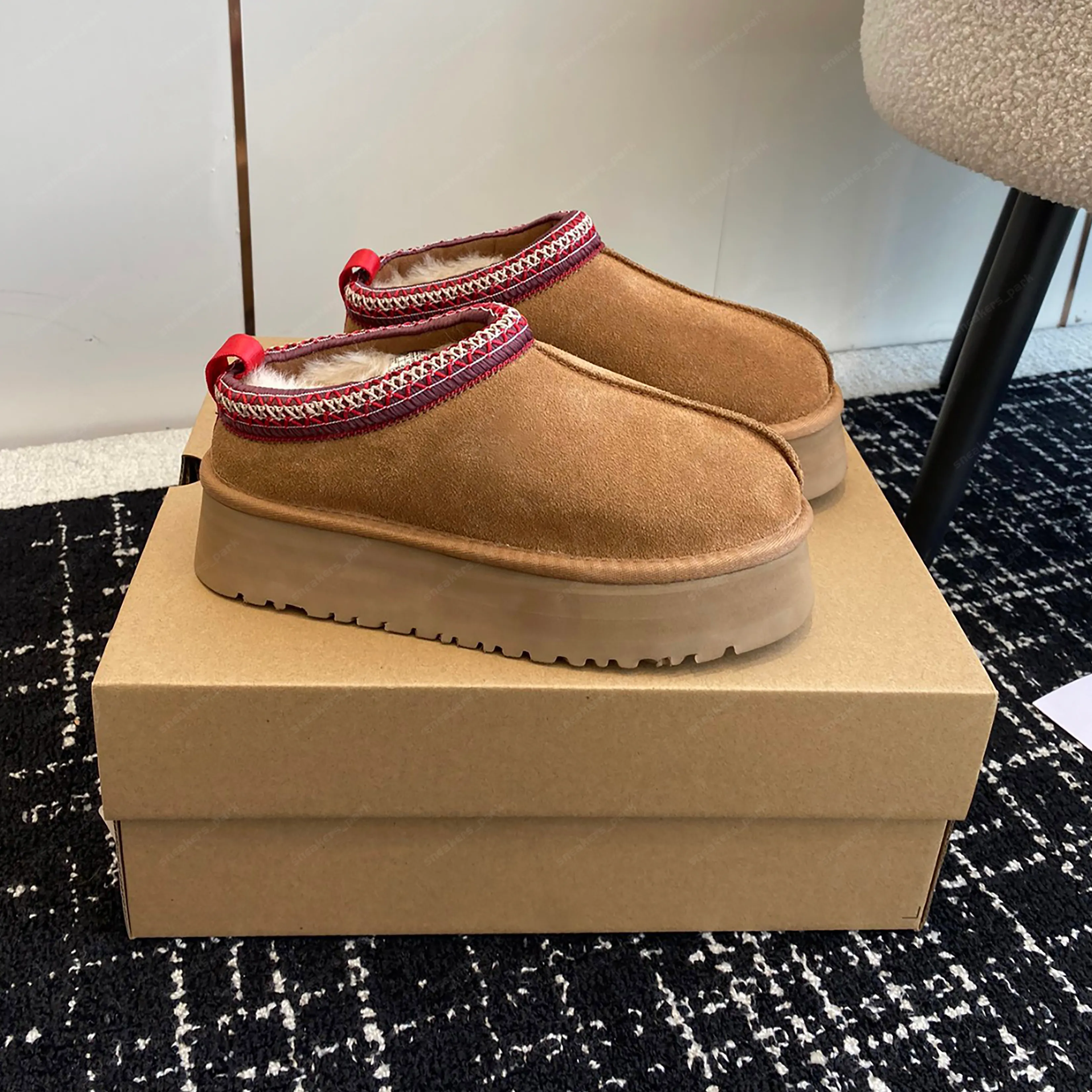 Avustralya Tazz Terlik Kadınlar için Tasman Shearling Süet Slaytlar Klasik Ultra Mini Disquette Platform Kar Botları Erkek Kadın Kış Boot Tasarımcı Ayak Bilgi Boksum