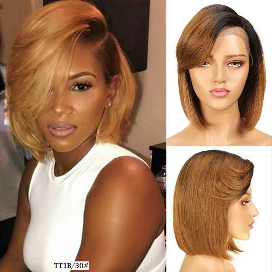 Perucas sintéticas Rebecca straight reta Bob Cut Part Part Lace Front Human Hair S para mulheres Remy Brasy S com Bangs Blond 230227