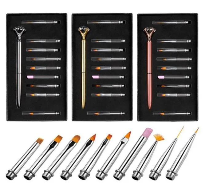Nail Art Kits 10 PiecesSet Brush Rhinestone Manicure Pen Set Big Diamond Pull Line Engraved Abrasion1762405