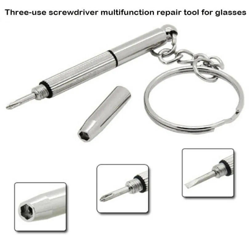 Creative Multi Function Hand Tools 3in1 mini skruvmejsel Keychain Metal Tiny Tool Set Reparation Glasögon Solglasögon Titta på skruvmaskin4327232
