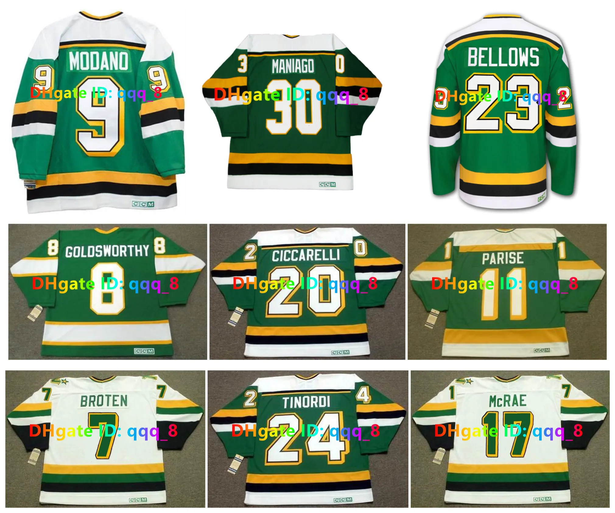 MIKE MODANO DINO CICCARELLI Maglia personalizzata CCM Throwback North Stars Hockey NEAL BROTEN J.P. PARISE BILL GOLDSWORTHY CESARE MANIAGO BASIL McRAE HARTSBURG Taglia S-4XL