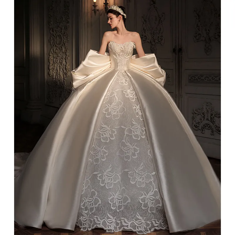 Luxury Satin Lace Ball Gown Wedding Dresses Plus Size Bridal Gowns With ...