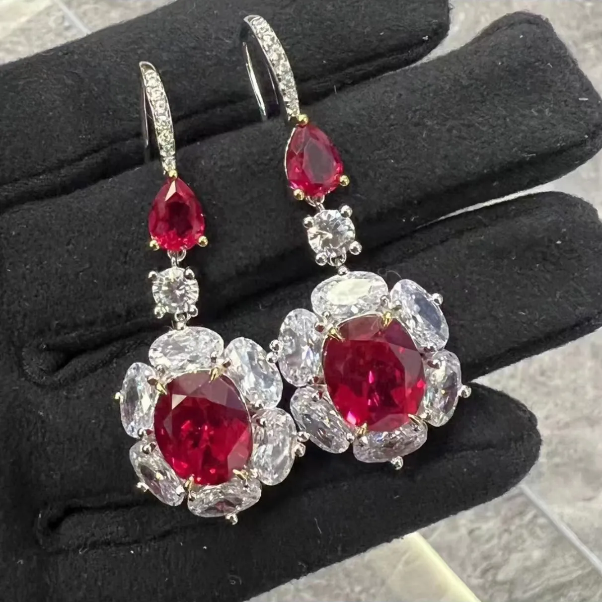 Charm Flower Ruby Diamond Dangle Earring 100% Real 925 Sterling Silver Wedding Drop Earrings For Women Brud Smycken