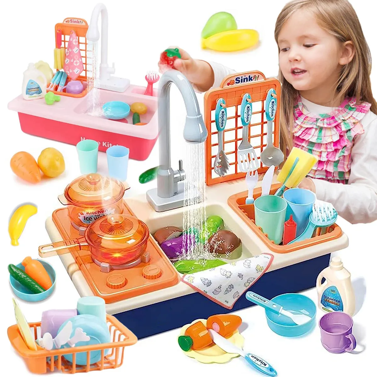 Kitchens Play Food Kids Pretend Kitchen Sink Toys With Cooking Stove Pot Pan Cutting Utensils Tableware Accessories Girls 231128