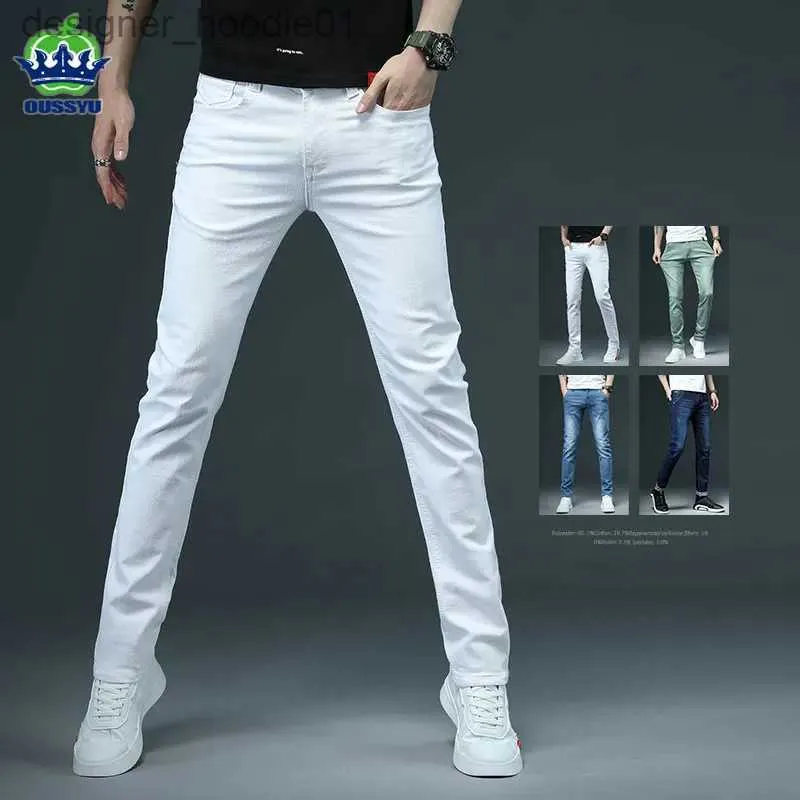 Męskie dżinsy oussyu odzież białe chude dżinsy męskie bawełniane niebieskie szczupłe streetwear klasyczne stałe spodnie dżinsowe Nowe 28-38 L231129
