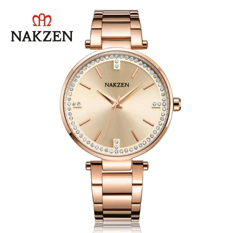 Relojes de pulsera NAKZEN JAPONÉS Reloj de cuarzo para mujer Caja de vidrio Hardex Cristal Zirconia con incrustaciones Señora Acero inoxidable