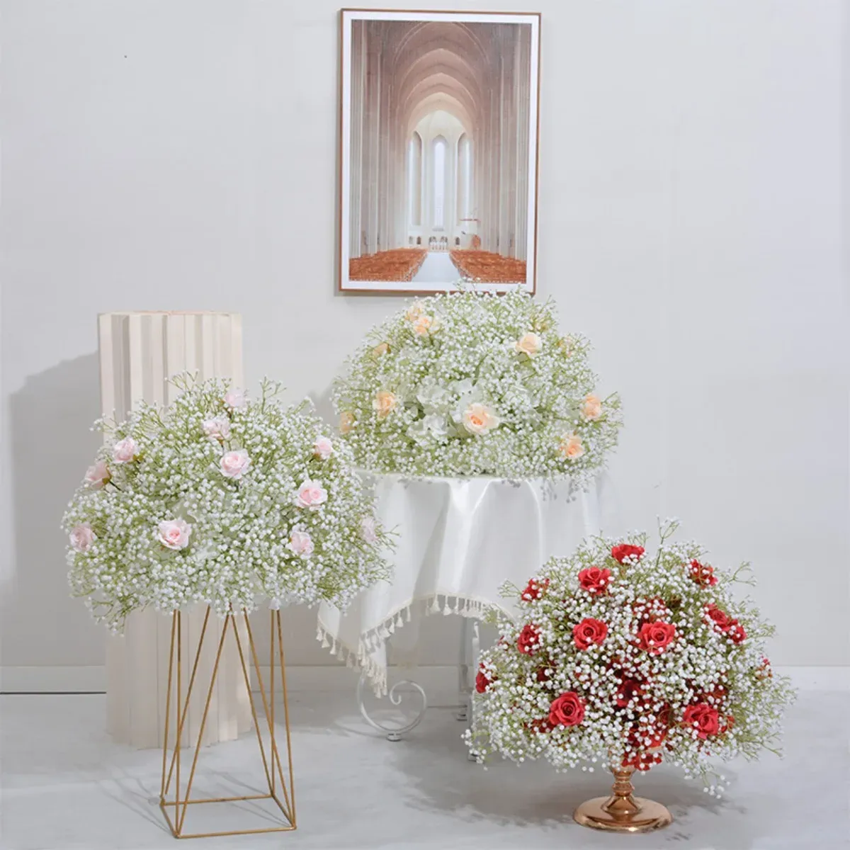 Artificial Rose Flower Ball med Babysbreath Wedding Backdrop Decor Floral Arrangement Evenemangsbord Centerpiece Party Rekvisita