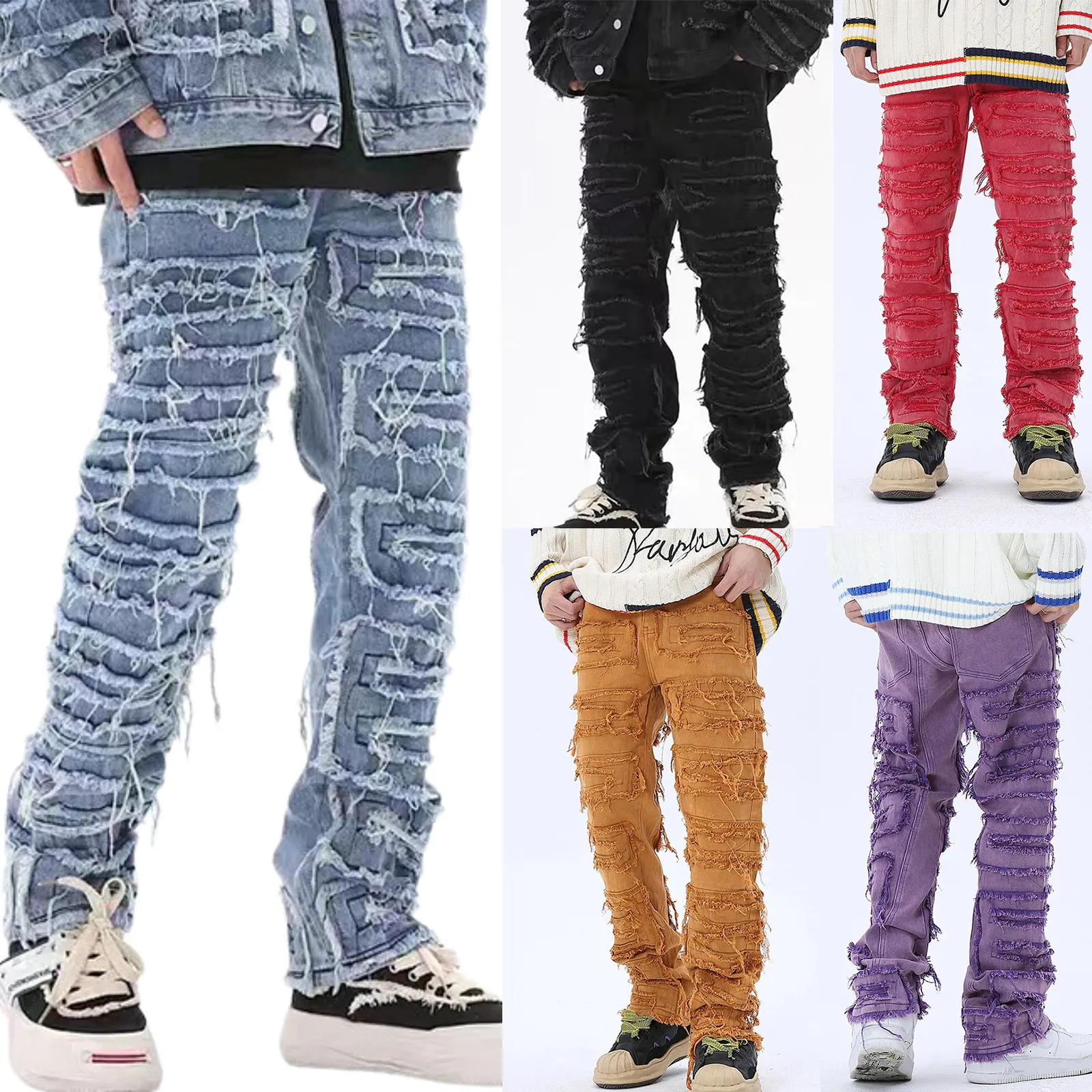 Herren-Stacked-Jeans, Herren-Retro-Loch, zerrissene Hosen, Distressed-Stil, für Männer, gerade, Hip-Hop, lockere Denim-Hose, lässige Jean-Hosen