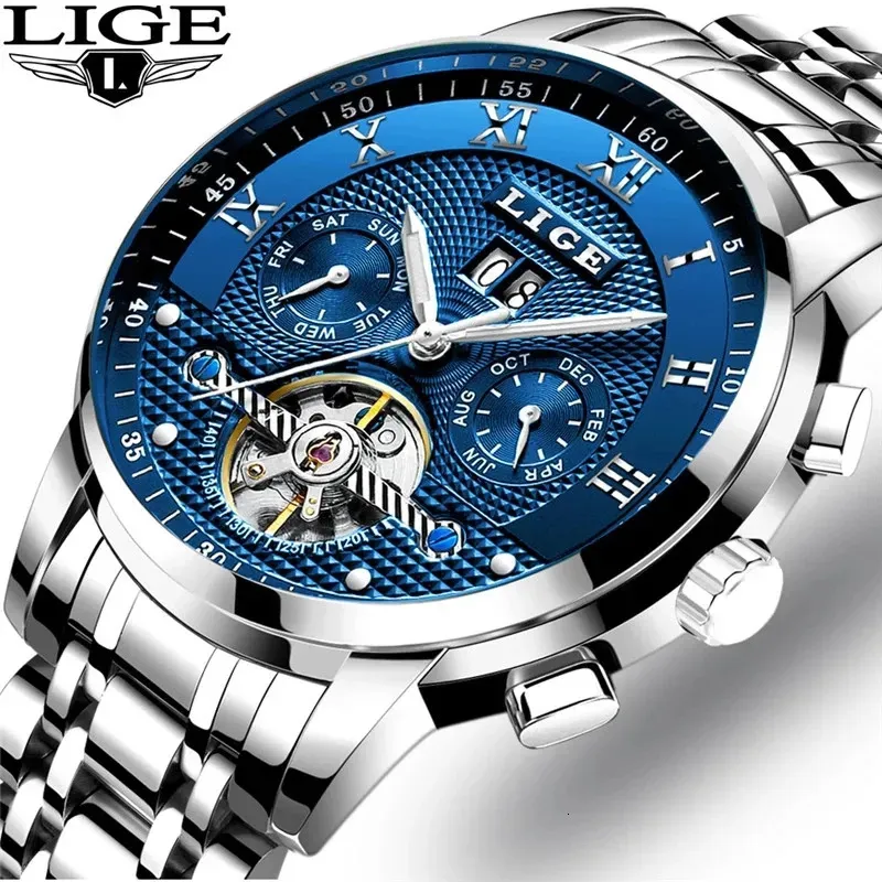 Wristwatches LIGE Mens Watches Fashion Top Brand Luxury Business Automatic Mechanical Watch Men Casual Waterproof Watch Relogio MasculinoBox 231128