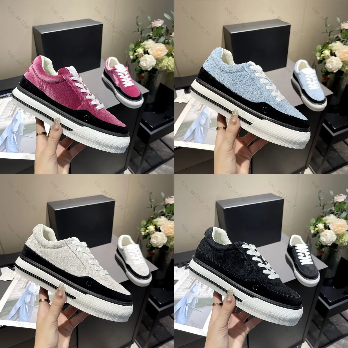 Zapatillas de deporte de diseñador para mujer, zapatillas de ante de terciopelo, zapatillas de plataforma, zapatillas de deporte negras rosas, zapatos de Skate de piel de becerro de lujo