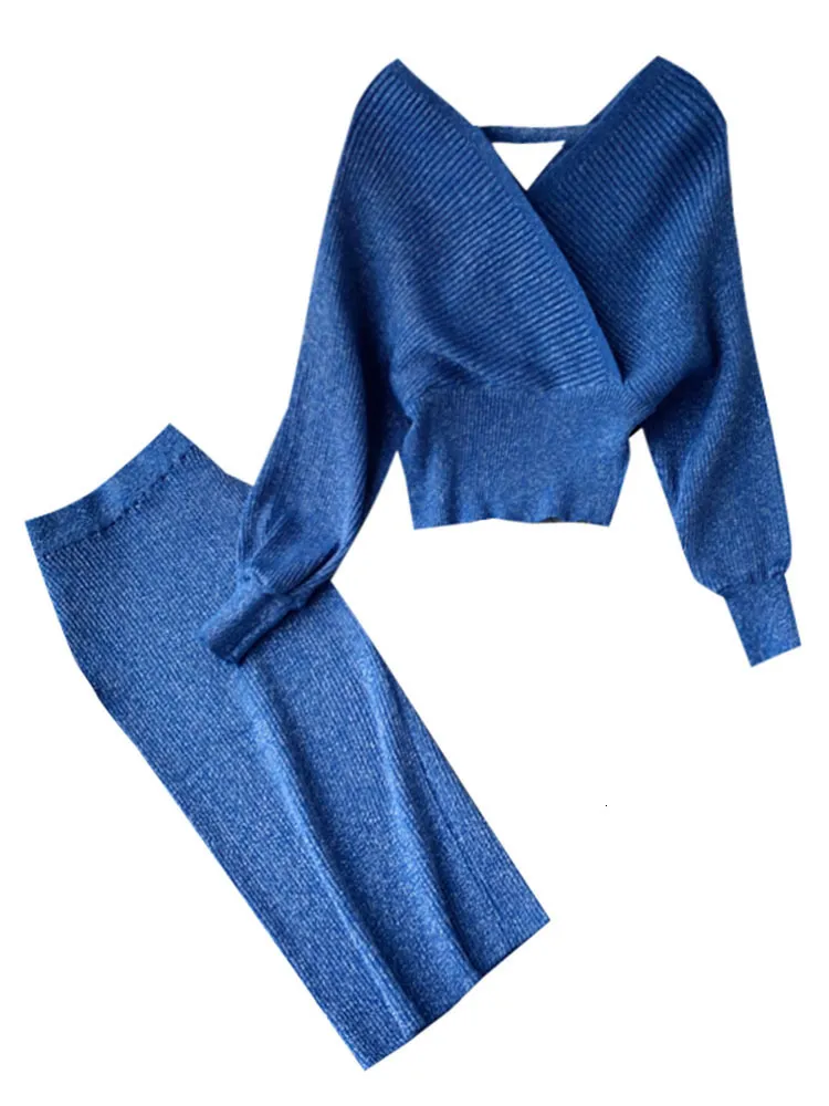 Two Piece Dress Women's High Waist Bright Silk Knit Bag Hip Skirt Twopiece Fashion Vneck Sweater Bat Sleeve Sets GD123 230428